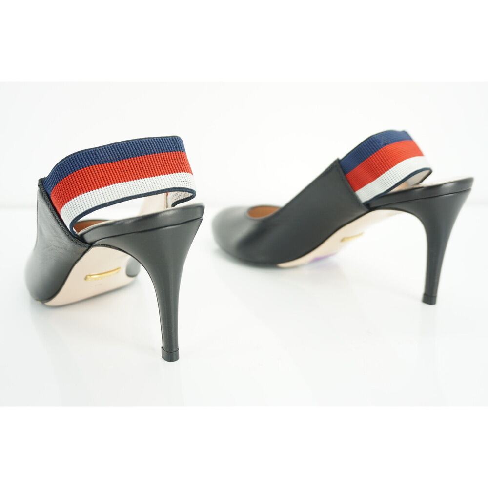 Gucci Sylvie Black Leather Web Strap Pointed Toe Slingback Pumps Size 35 $695 - Picture 7 of 9